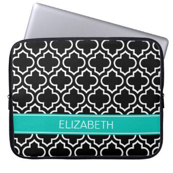 Black Wht Moroccan #6 Black Teal Name Monogram Laptop Sleeve by FantabulousCases at Zazzle