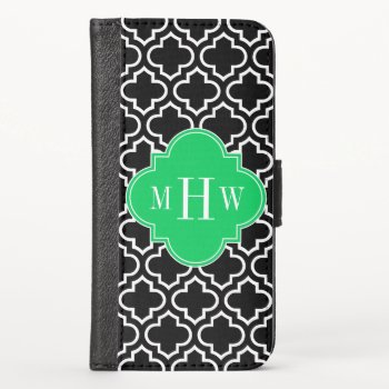 Black Wht Moroccan #6 Emerald Name Monogram Iphone X Wallet Case by FantabulousCases at Zazzle