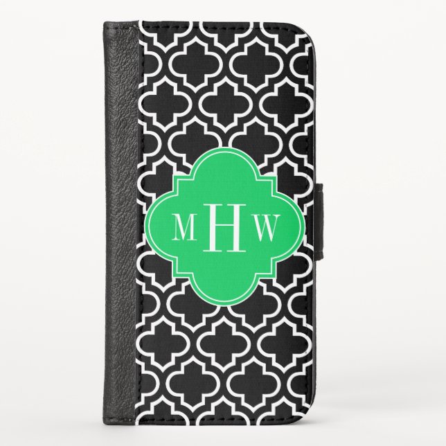 Black Wht Moroccan #6 Emerald Name Monogram iPhone Wallet Case (Front)