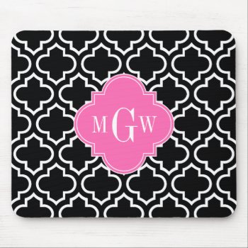 Black Wht Moroccan #6 Hot Pink 3 Initial Monogram Mouse Pad by FantabulousCases at Zazzle