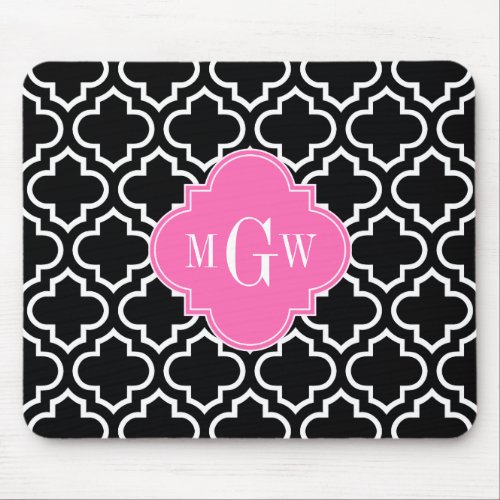 Black Wht Moroccan 6 Hot Pink 3 Initial Monogram Mouse Pad