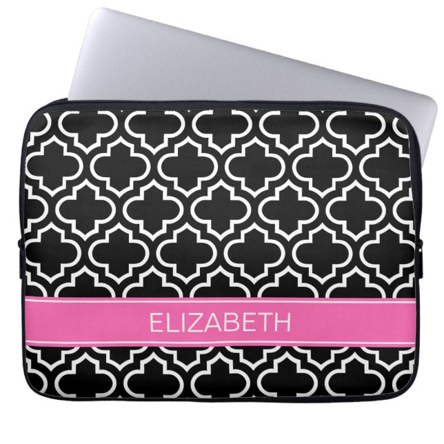 Black Wht Moroccan #6 Hot Pink Name Monogram Laptop Sleeve (Front)