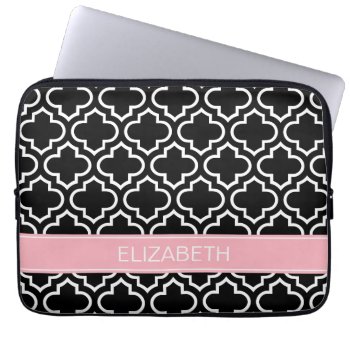 Black Wht Moroccan #6 Pink Name Monogram Laptop Sleeve by FantabulousCases at Zazzle