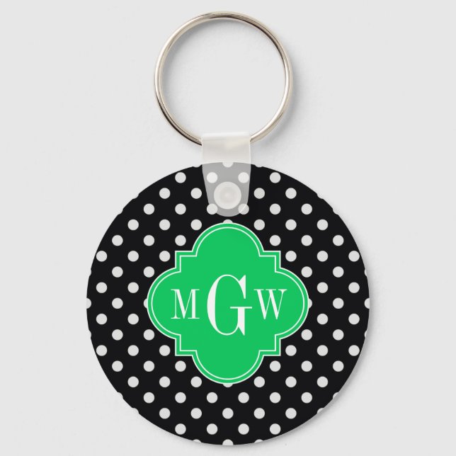 Black Wht Polka Dot Emerald Quatrefoil 3 Monogram Keychain (Front)