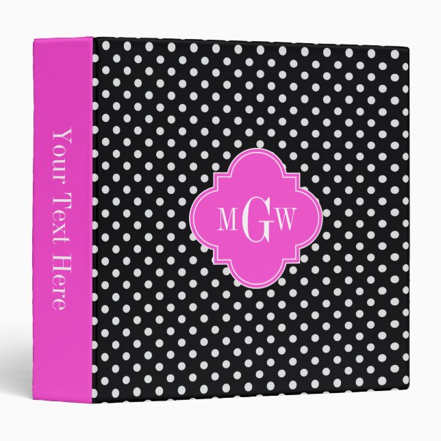 Black Wht Polka Dot Hot Pink Quatrefoil 3 Monogram Binder (Front/Spine)