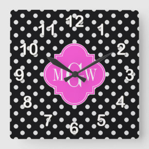 Black Wht Polka Dot Hot Pink Quatrefoil 3 Monogram Square Wall Clock