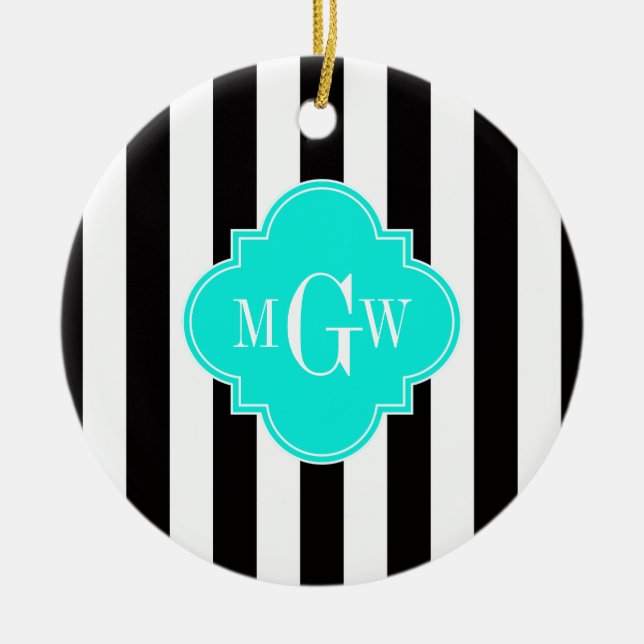 Black Wht Stripe Bright Aqua Quatrefoil 3 Monogram Ceramic Ornament (Front)