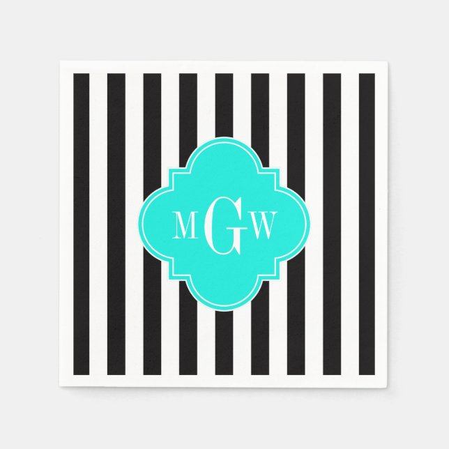 Black Wht Stripe Bright Aqua Quatrefoil 3 Monogram Napkins (Front)