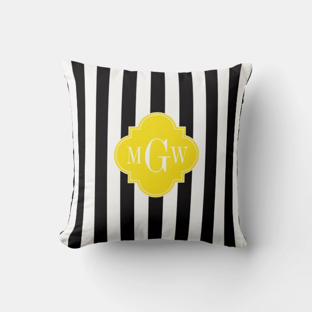 Black Wht Stripe Brt Yellow Quatrefoil 3 Monogram Throw Pillow (Front)
