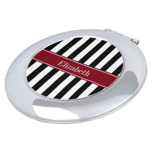Black Wht Stripe Burgundy Ribbon Name Monogram Compact Mirror