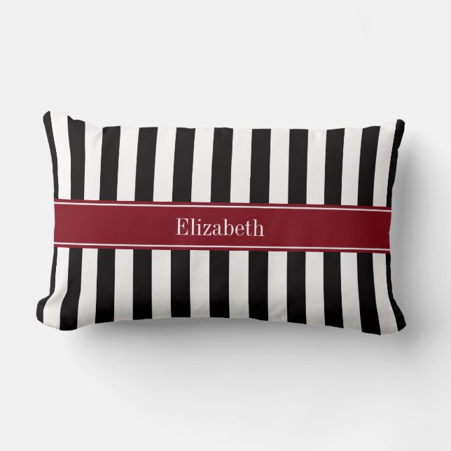 Black Wht Stripe Burgundy Ribbon Name Monogram Lumbar Pillow (Front)