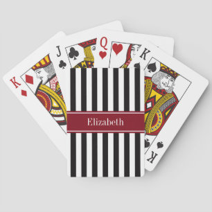 Black Wht Stripe Burgundy Ribbon Name Monogram Poker Cards