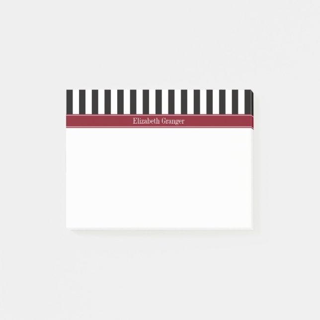 Black Wht Stripe Burgundy Ribbon Name Monogram Post-it Notes (Front)