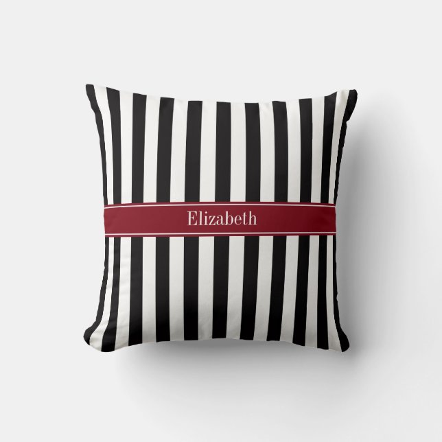 Black Wht Stripe Burgundy Ribbon Name Monogram Throw Pillow (Front)