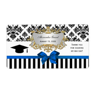 Black Wht Stripe Damask Blue Water Label Grad
