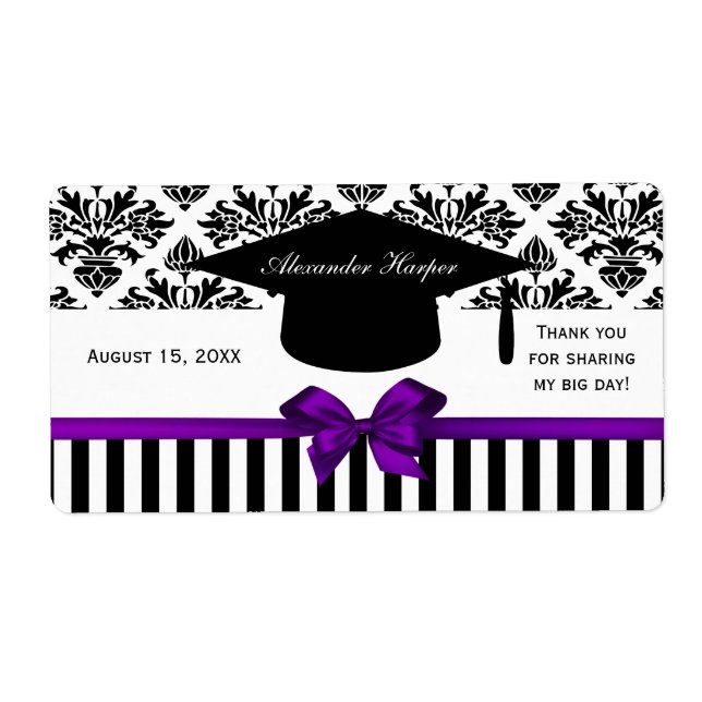 Black Wht Stripe Damask Purple Water Label Grad #2 (Front)