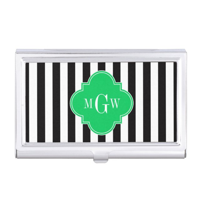 Black Wht Stripe Emerald Square 3 Monogram Business Card Case (Front)