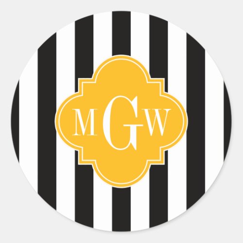 Black Wht Stripe Goldenrod Quatrefoil 3 Monogram Classic Round Sticker