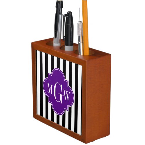 Black Wht Stripe Purple Quatrefoil 3 Monogram PencilPen Holder