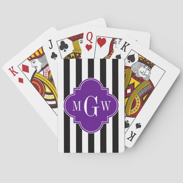 Black Wht Stripe Purple Quatrefoil 3 Monogram Poker Cards (Back)