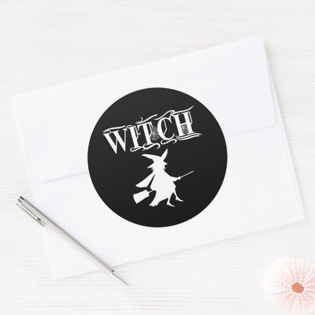 Black Wicked Flying Witch Halloween Classic Round Sticker (Envelope)