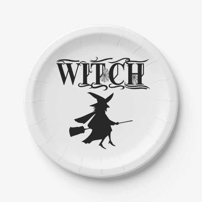 Black Wicked Flying Witch Halloween Paper Plates (Front)