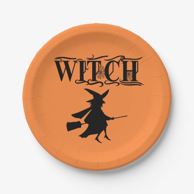 Black Wicked Flying Witch Halloween  Paper Plates (Front)