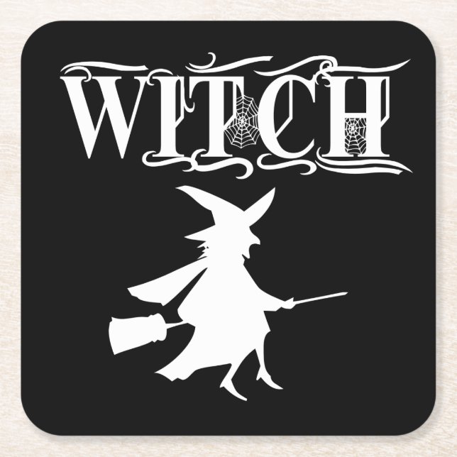 Black Wicked Flying Witch Halloween Square Paper Coaster (Front)