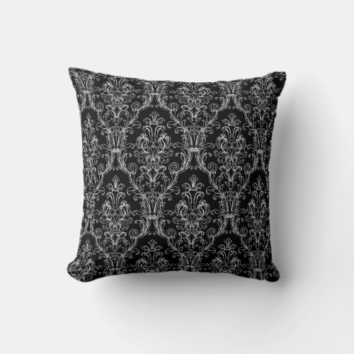 Black Wide White Outline Damask Floral Swirls Throw Pillow