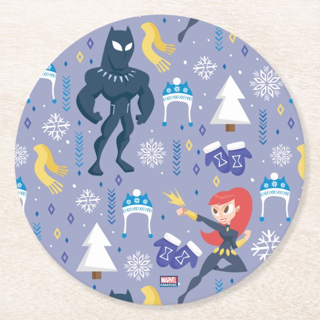 Black Widow & Black Panther Winter Pattern Round Paper Coaster (Front)