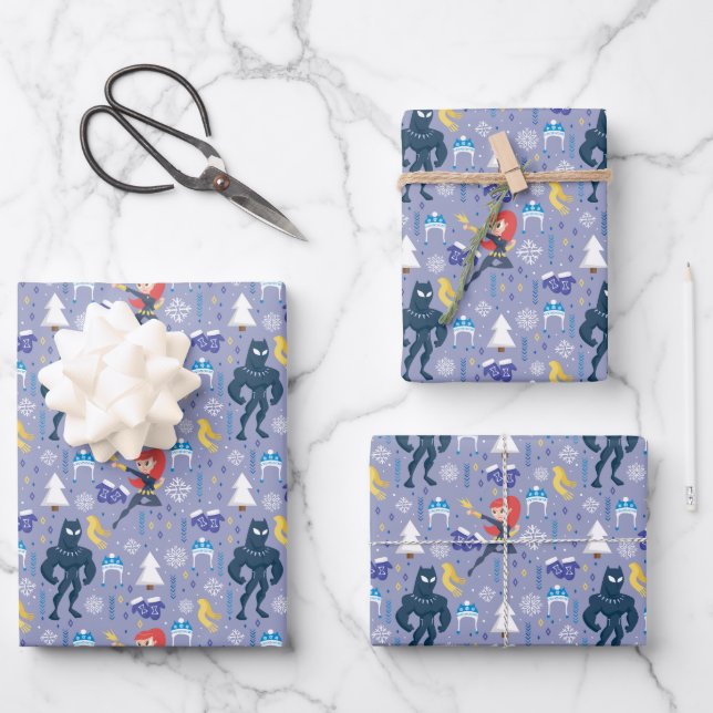 Black Widow & Black Panther Winter Pattern Wrapping Paper Sheets (Front)