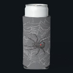 Black Widow Spider And Spiderweb Drawing Art<br><div class="desc">Seltzer Can Cooler Koozie Sleeve printed with Black Widow Spider And Spiderweb Drawing Art original hand drawn graphic design artwork illustration by TheFabricSeal print on demand shop at Zazzle.com #ZazzleMade ©️Original. https://www.zazzle.com/store/thefabricseal Celebrate Halloween and Goth any time of the year with our cool looking black colored with red marking widow...</div>