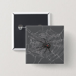 Black Widow Spider And Spiderweb Drawing Art Button
