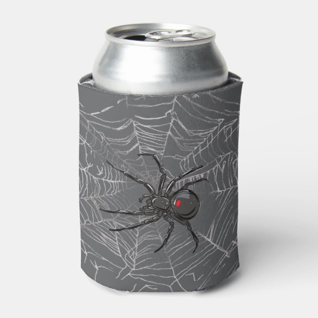 Black Widow Spider And Spiderweb Drawing Art Can Cooler (Can Front)