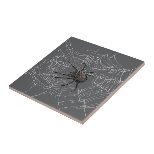Black Widow Spider And Spiderweb Drawing Art Ceramic Tile (Side)