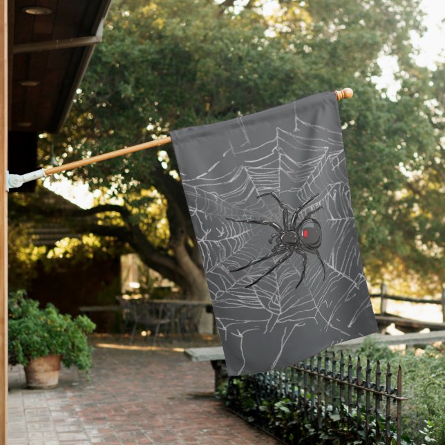 Black Widow Spider And Spiderweb Drawing Art House Flag (In SItu)