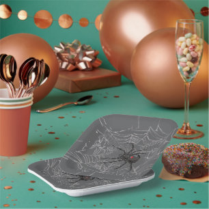 Black Widow Spider And Spiderweb Drawing Art Paper Plates