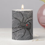 Black Widow Spider And Spiderweb Drawing Art Pillar Candle<br><div class="desc">Pillar Candle Candlelight printed with Black Widow Spider And Spiderweb Drawing Art original hand drawn graphic design artwork illustration by TheFabricSeal print on demand shop at Zazzle.com #ZazzleMade ©️Original. https://www.zazzle.com/store/thefabricseal Celebrate Halloween and Goth any time of the year with our cool looking black colored with red marking widow species spider...</div>
