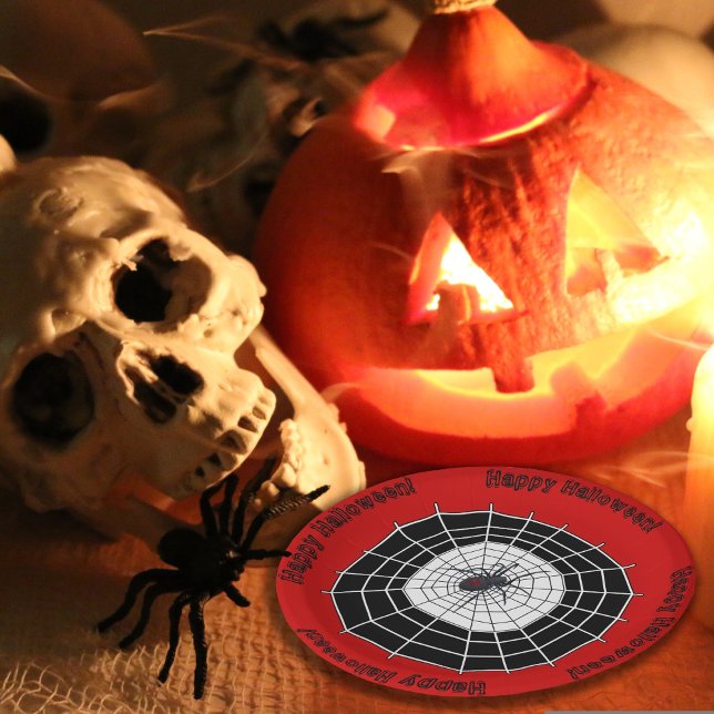 Black Widow Spider Happy Halloween Party Paper Plates (Creator Uploaded)