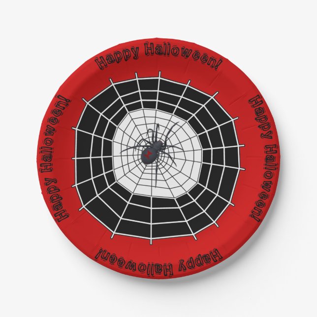 Black Widow Spider Happy Halloween Party Paper Plates (Front)