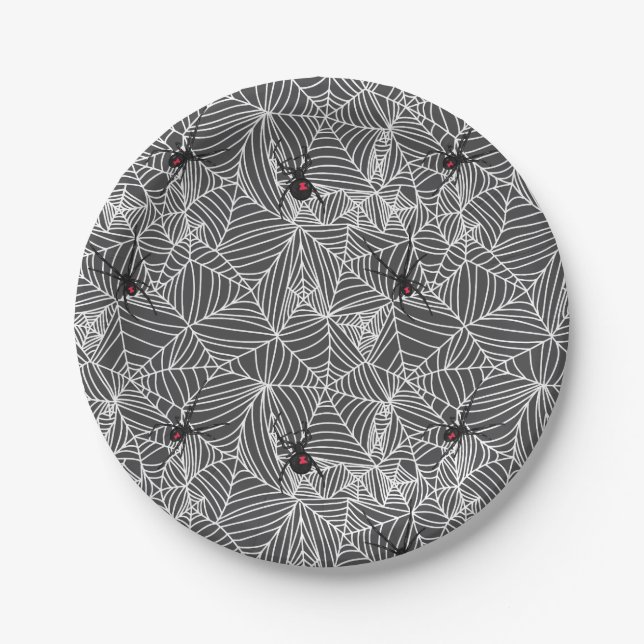 Black Widow Spider Web Gray Paper Plates (Front)