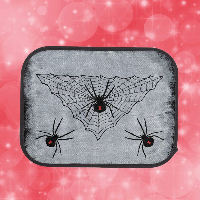 Black Widow Spider Web Halloween Gothic Car Floor Mat (Black widow spiders red hourglass marks triangle spider web on black and white back car mats.)