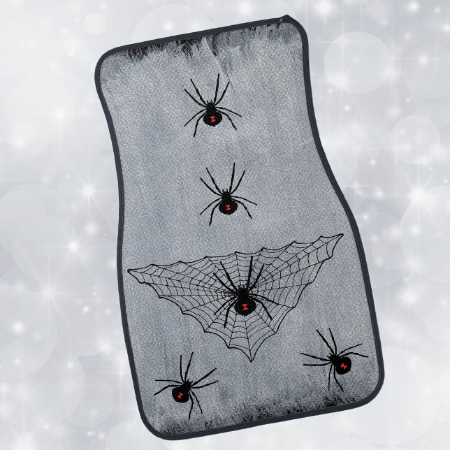 Black Widow Spider Web Halloween Gothic Car Mat (Creepy black widow spiders triangular spider web on black and white car mats.)
