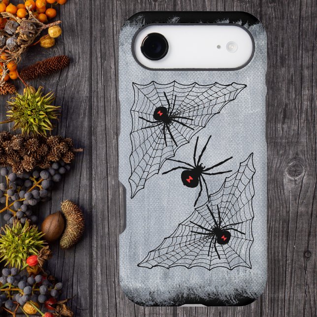 Black Widow Spider Web Halloween Gothic Case-Mate iPhone Case (Black Widown spiders red markings in spider webs on faux white texture phone case.)