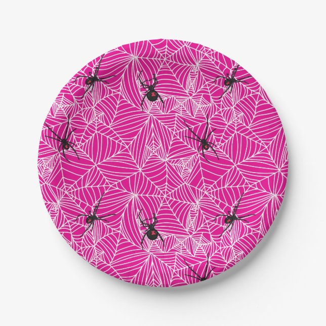 Black Widow Spider Web Pink  Paper Plates (Front)