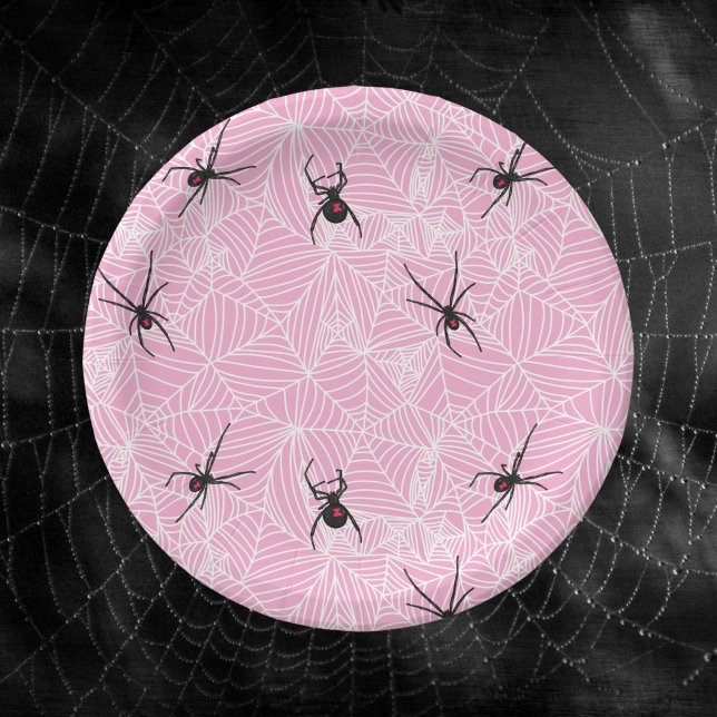 Black Widow Spider Web Pink Paper Plates (Creator Uploaded)