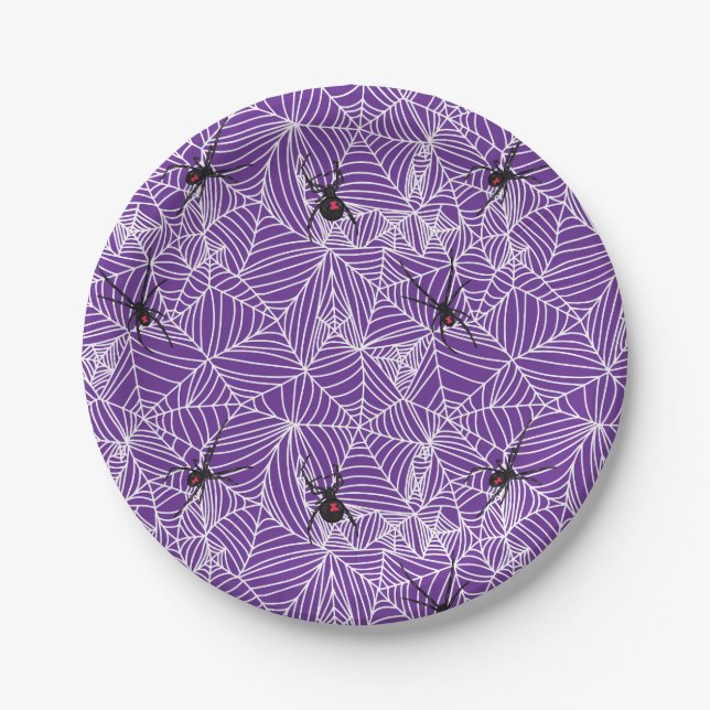 Black Widow Spider Web Purple Paper Plates (Front)