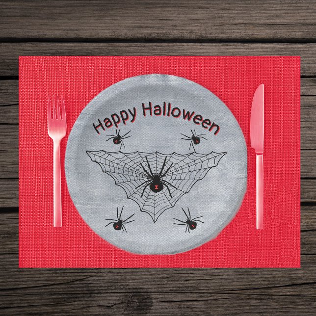Black Widow Spiders in Triangle Web Rustic White Paper Plates (Poisonous black widow spiders in web on rustic white Halloween paper party plates.)