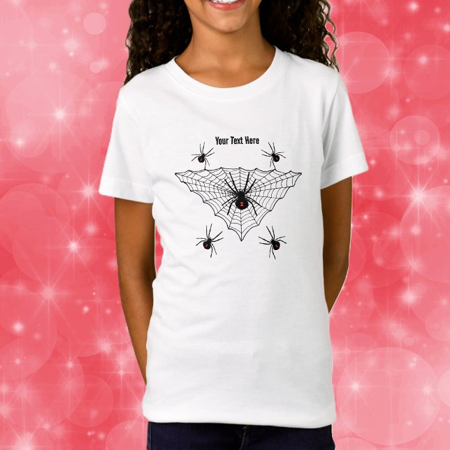 Black Widow spiders in Web Red Hourglass Markings T-Shirt (Creepy black widow spiders in black web on Halloween kids tee shirt.)