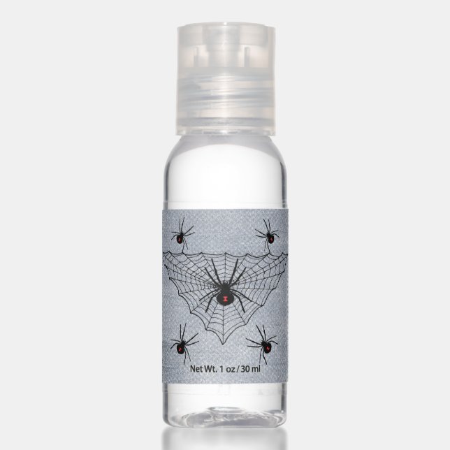 Black Widow Spiders Red Hourglass in Web Hand Sanitizer (Front)